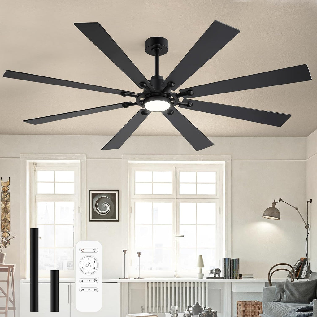 Farmhouse Black Ceiling Fans with Lights and Remote, 72 Inch Industrial Ceiling Fans with 6-Speed Reversible DC Motor, 3 CCT, Dual Finish 8 Blades, Indoor/Outdoor Ceiling Fan for Patio Bedroom