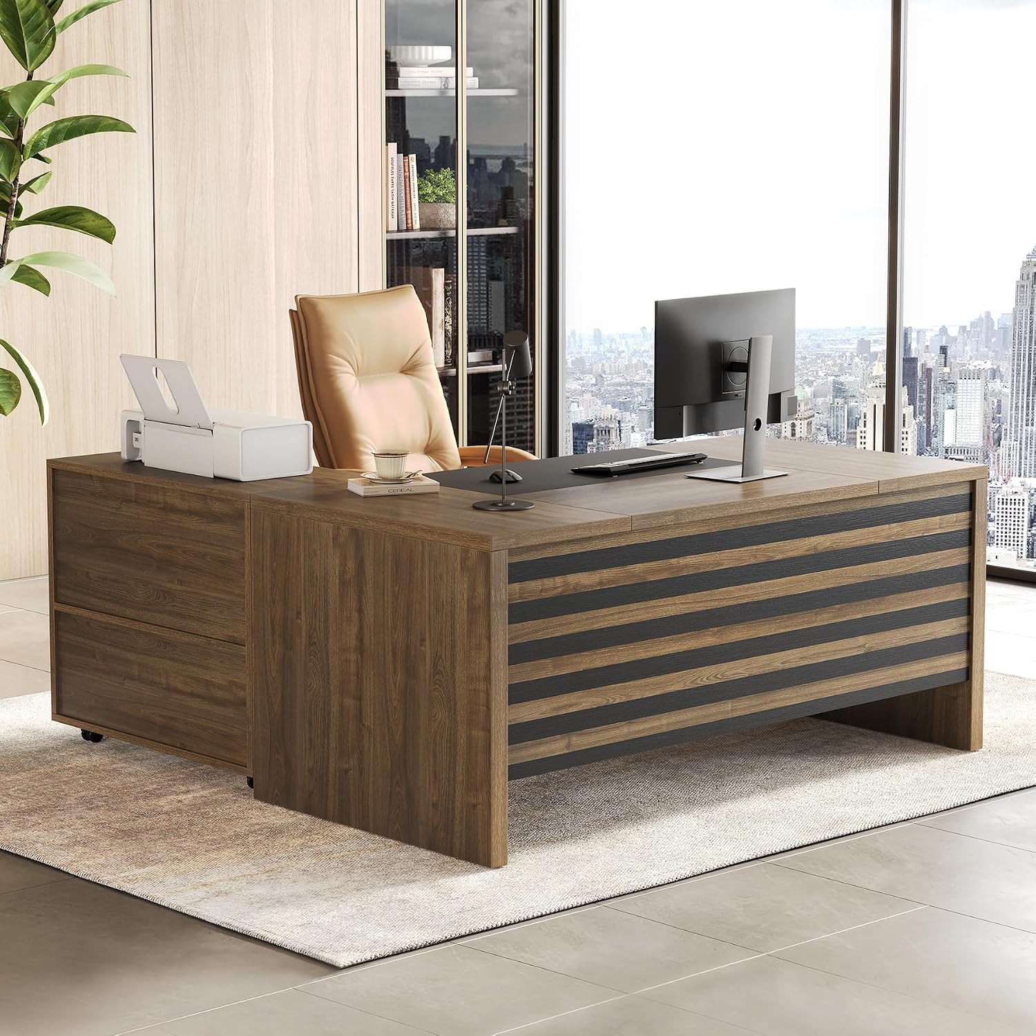 LITTLE TREE L-Shaped Computer Desk with File Cabinet Combo, 63-Inch Office Desk, 31-Inch Filing Cabinet with Storage & Drawer for A4/Letter/Legal Size File, Large Business Furniture for Home Office
