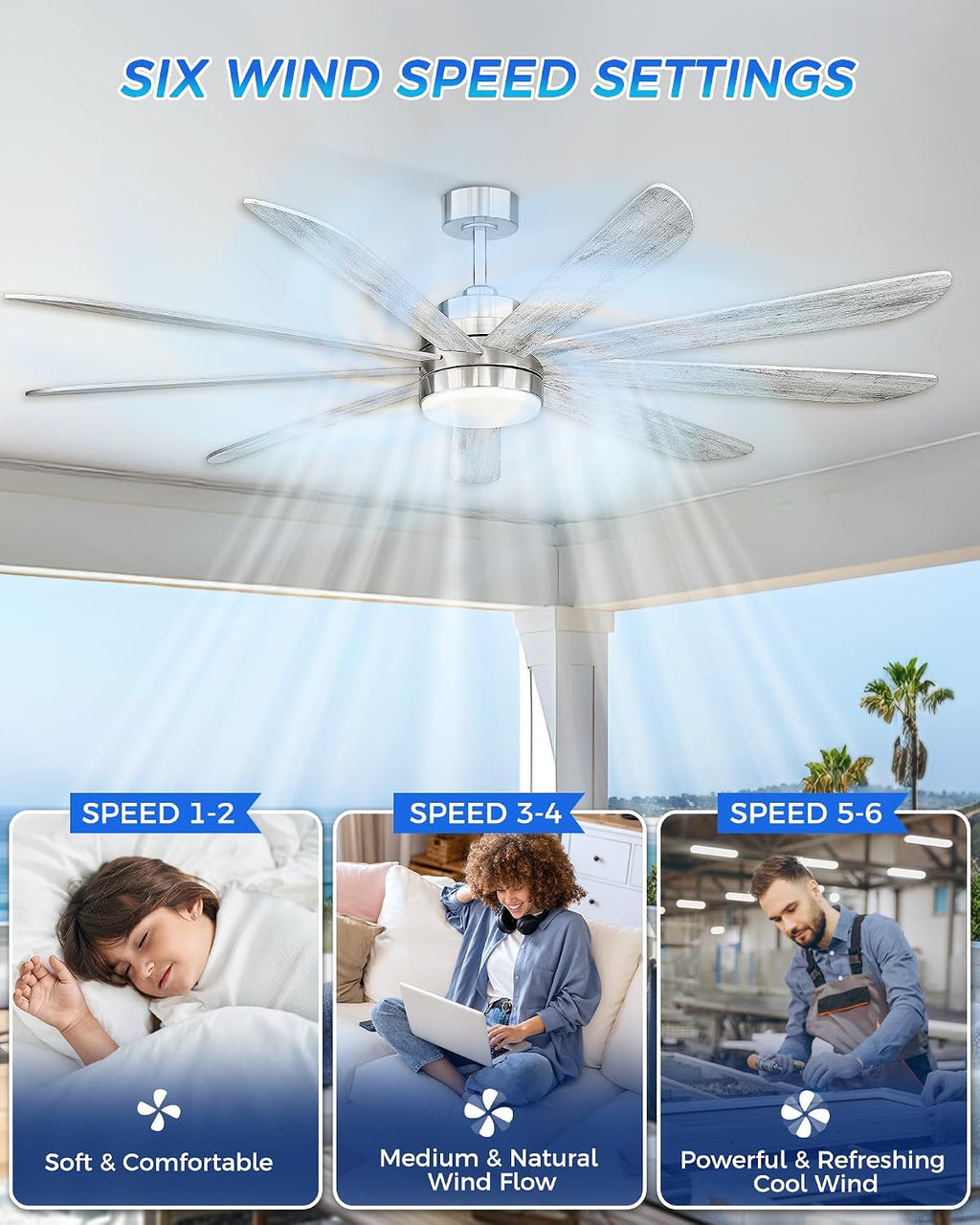 72 inch Large Ceiling Fans with Lights, Modern Ceiling Fan with Voice Control for Kitchen Living Room, 9 Blades Dual Nickel & White Walnut Ceiling Fan with Remote, CF03-BN