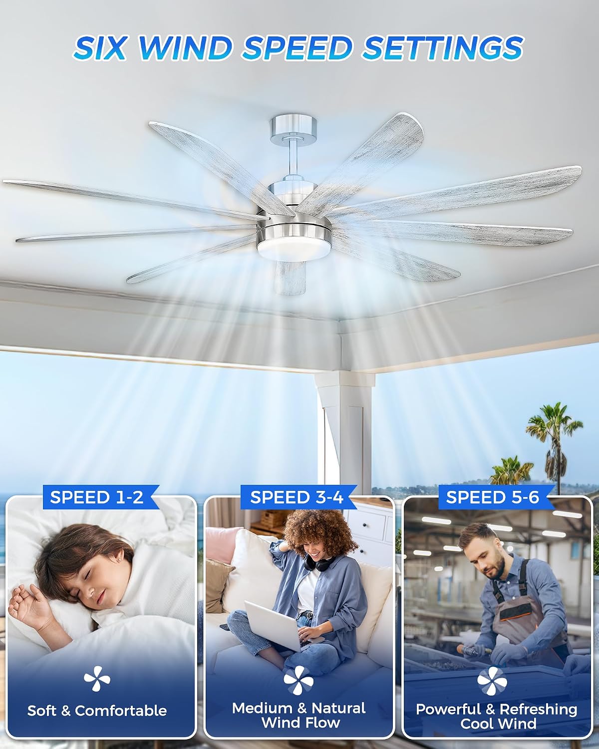 72 inch Large Ceiling Fans with Lights, Modern Ceiling Fan with Voice Control for Kitchen Living Room, 9 Blades Dual Nickel & White Walnut Ceiling Fan with Remote, CF03-BN