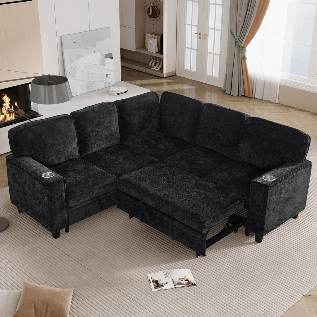KEIKI 81' L-Shaped Oversized Chenille Modular Sectional Sleeper Sofa with Pull-Out Bed, Storage Seat, Modern 5-Seater Upholstered Couch Bed with Charging Station, Easy Assembly, for Living Room, Black