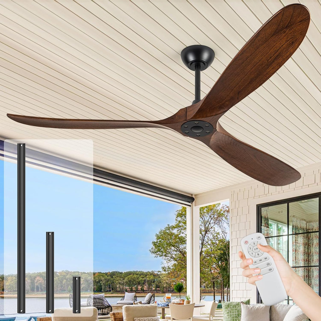 72 inch Ceiling Fans Without Lights, Large Ceiling Fan no Light, Wet Rated Outdoor Ceiling Fans for Patios Outside Porch, High CFM speed DC Motor, 3 Blade Walnut Wood Ceiling Fan with Remote