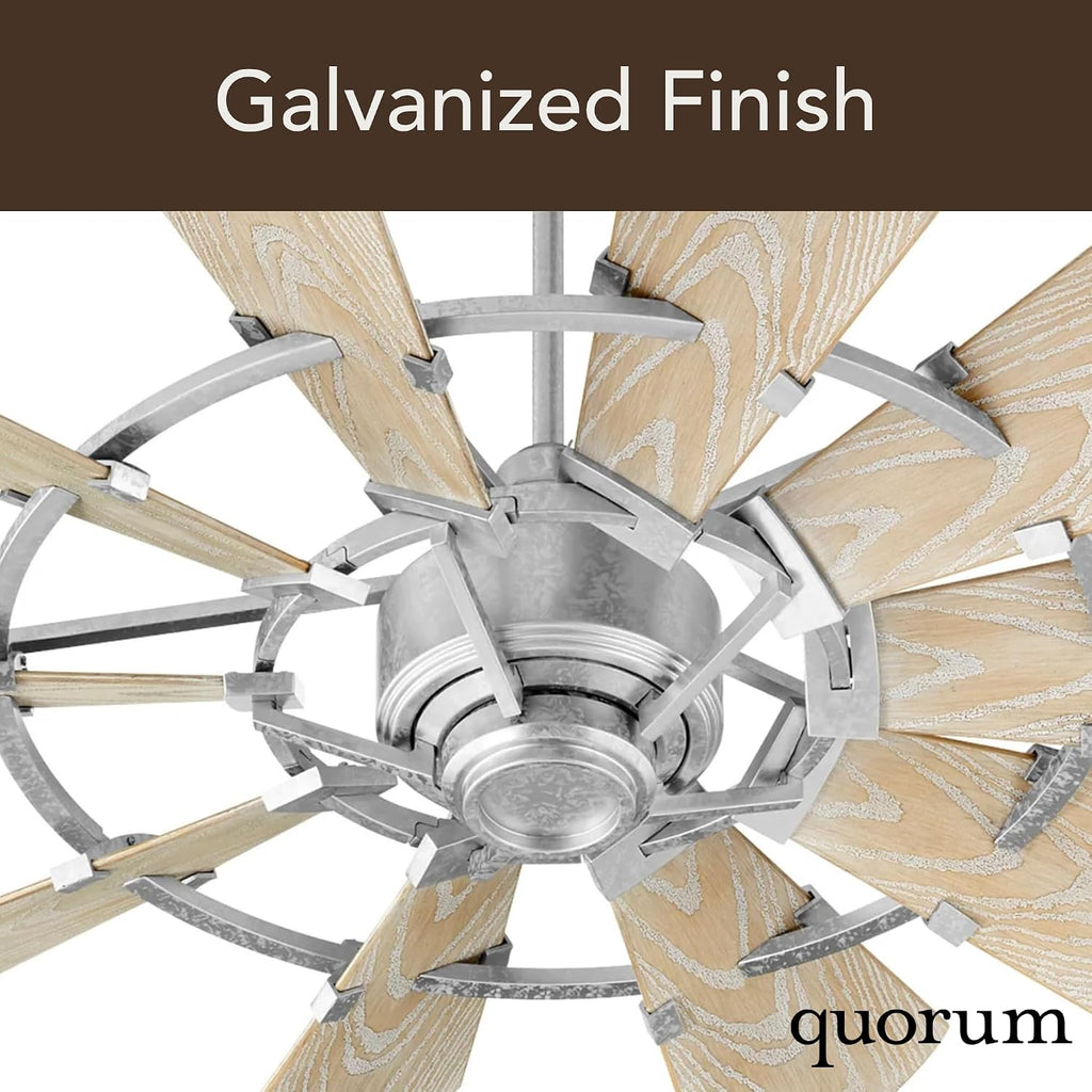 Quorum 194410-9 Windmill 44 Inch Ceiling Fan | 10 Blade Indoor Outdoor Fan | 3 Speed DC Motor | Wall Control Included | Light Kit Adaptable | Galvanized Finish with Weathered Oak Blades