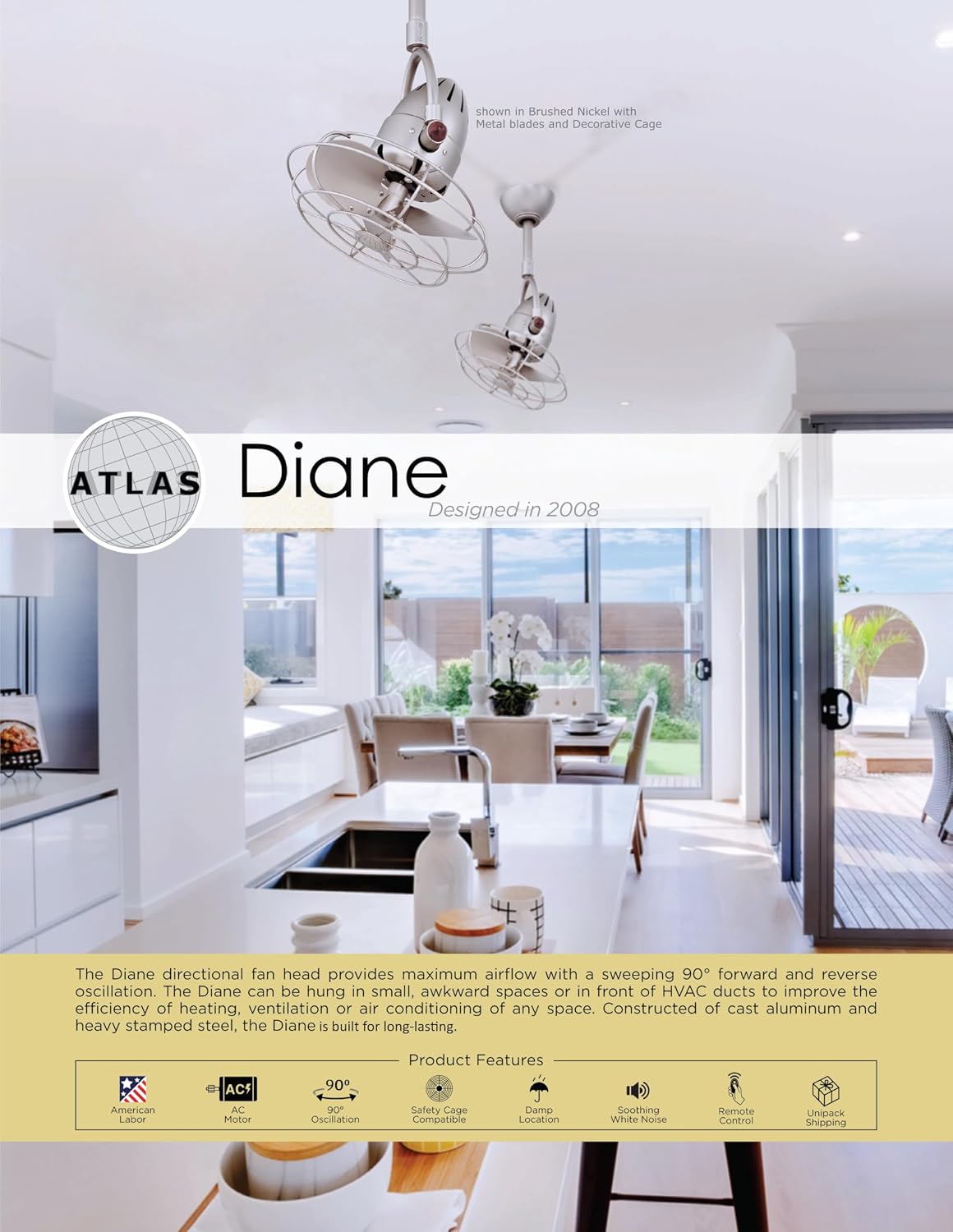 Matthews DI-BK-MTL Diane Damp Rated 90° Oscillating 13' Metal Directional Ceiling Fan with Remote, Best for Small, Awkward Spaces or in Front of HVAC Ducts, Matte Black