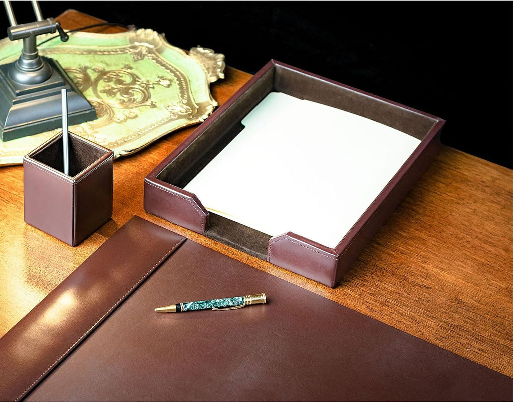 Dacasso Brown Bonded Leather Luxury 3 Piece Desk Set - Blotter Pad & Desk Organization Essentials - Executive Decor and Surface Protector