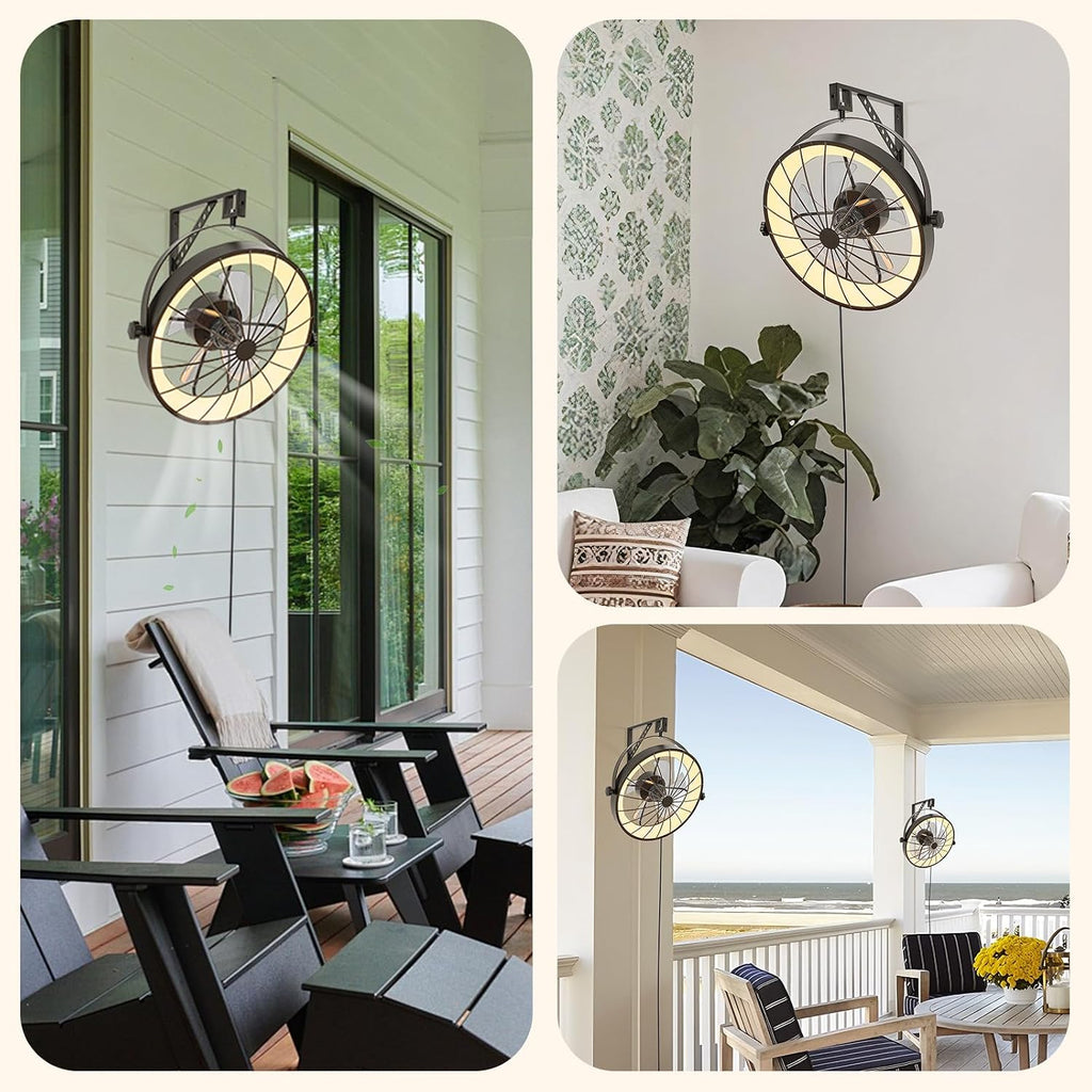 Wall Mount Fan with Remote App Control, 20' Quiet Wall Mounted Fans with Light, 3 Color Dimmable, 360° Adjustable Tilt Plug in Ceiling Fan Indoor Wall Hanging Fan for Garage, Home, Patio