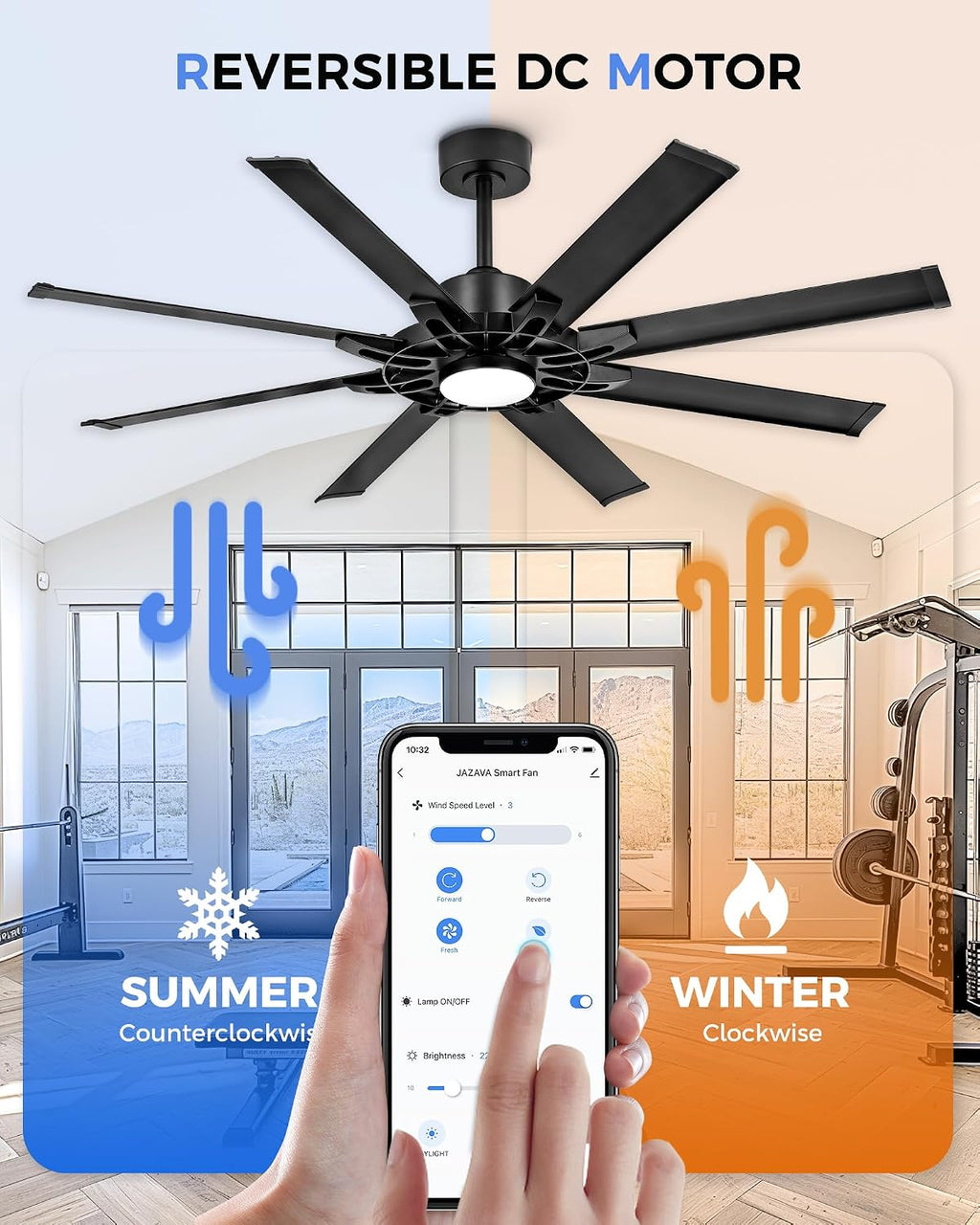 60 Inch Ceiling Fan with Light, Black Indoor Outdoor Ceiling Fan with 8 Aluminium Metal Blades, Smart Fan with Alexa, Modern Quiet Fan for Patio, Garage, Living Room, ZCCF05ABK-60