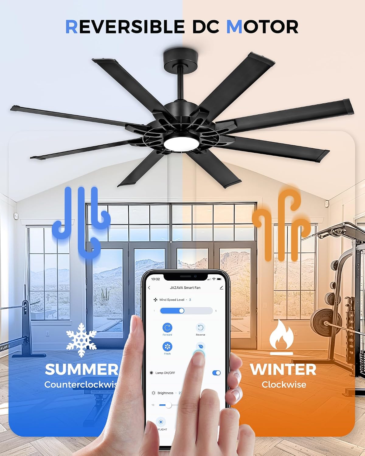 60 Inch Ceiling Fan with Light, Black Indoor Outdoor Ceiling Fan with 8 Aluminium Metal Blades, Smart Fan with Alexa, Modern Quiet Fan for Patio, Garage, Living Room, ZCCF05ABK-60
