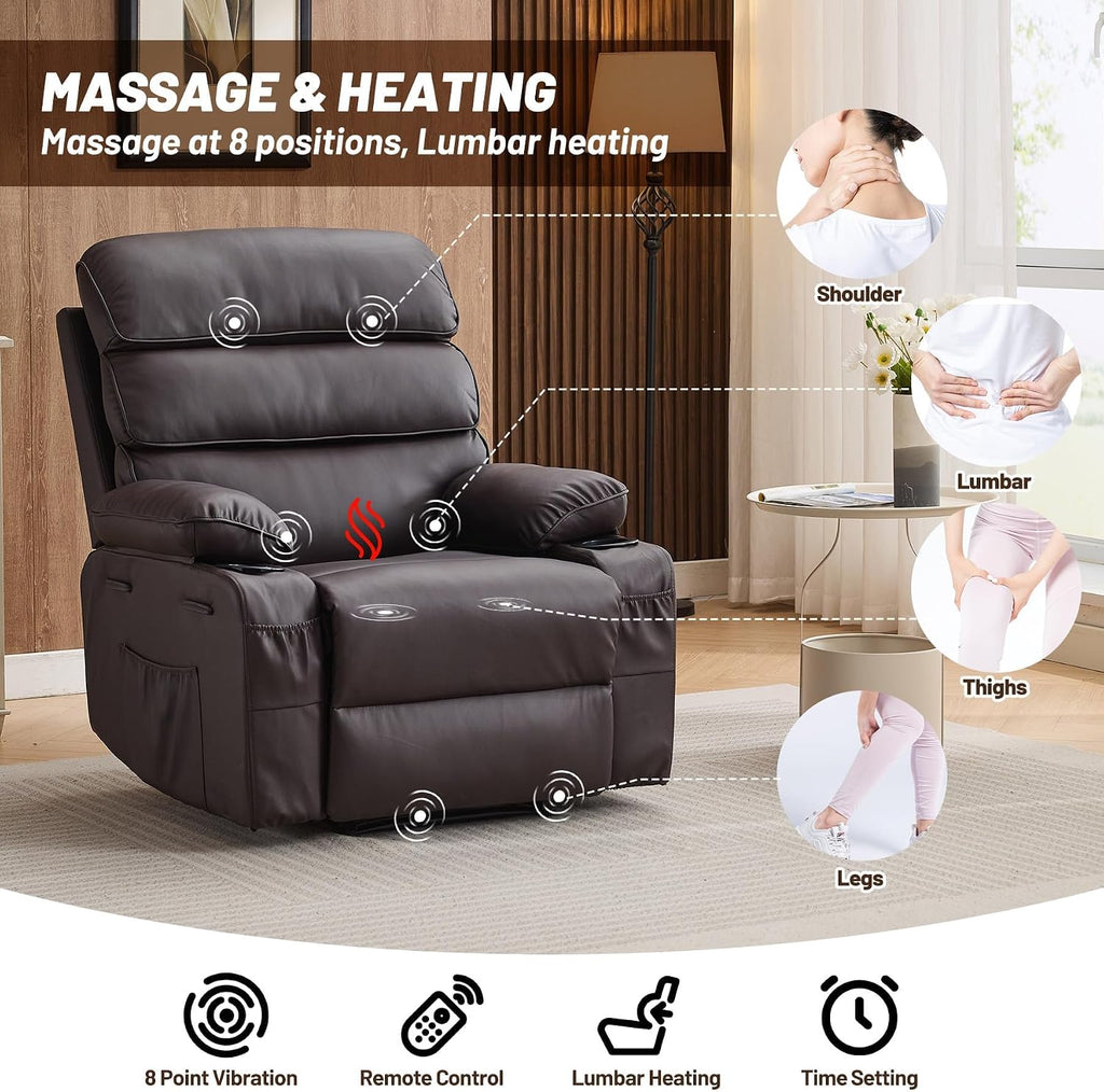 Garvee PU Leather Manual Recliner Chair with Massage and Heat, 27' Extra Wide Seat, 400 lbs Capacity, Thickened Sponge Armrests and Back, Cup Holders & Side Pocket, Living Room or Bedroom, Dark Brown