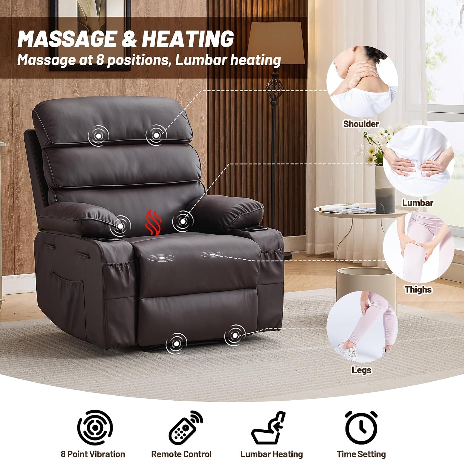 Garvee PU Leather Manual Recliner Chair with Massage and Heat, 27' Extra Wide Seat, 400 lbs Capacity, Thickened Sponge Armrests and Back, Cup Holders & Side Pocket, Living Room or Bedroom, Dark Brown