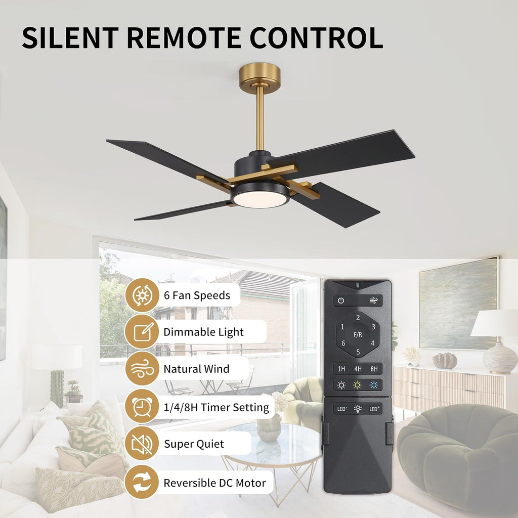WINGBO 48 Inch Ceiling Fan with Light and Remote, 4 Plywood Blades, 6-Speed Reversible DC Motor, Dimmable, 3CCT, Farmhouse Ceiling Fan for Bedroom Living Room Kitchen, Brass and Black/Walnut