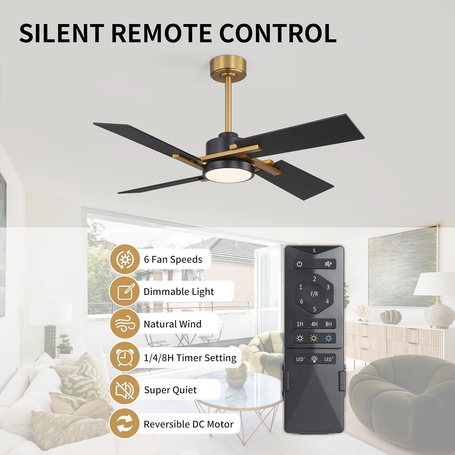 WINGBO 48 Inch Ceiling Fan with Light and Remote, 4 Plywood Blades, 6-Speed Reversible DC Motor, Dimmable, 3CCT, Farmhouse Ceiling Fan for Bedroom Living Room Kitchen, Brass and Black/Walnut
