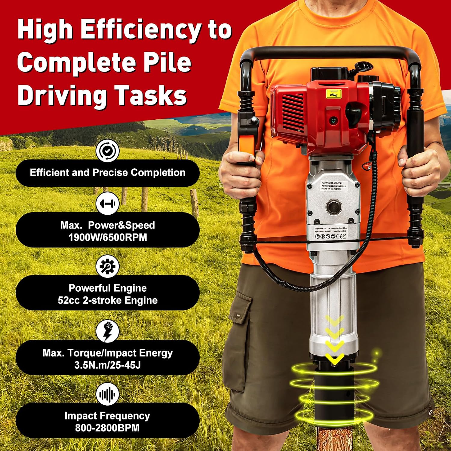 52CC 2 Stroke Gas Powered T-Post Driver, 1900W Gas Post Pounder Pile Driver, Single Cylinder Air Cooled Fence Post Driver Hammer with Hand Pull Start & 0.26 Gal Fuel Tank for Gardening Road Fencing