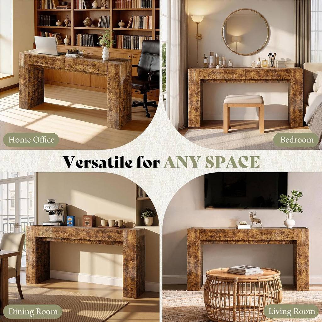 AMERLIFE 63' Burl Wood Console Table, Modern High Gloss Entryway Table with 2 Storage Drawers, Long Sofa Table Behind the Couch for Entrance, Hallway, Foyer, Living Room, Brown