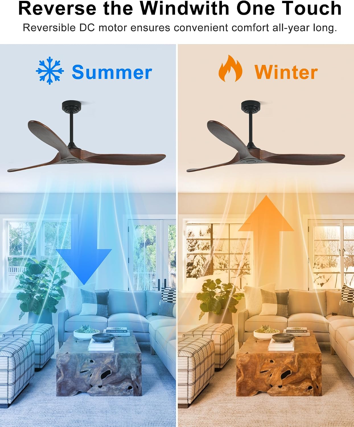 60' Wood Ceiling Fan no Light, Smart Ceiling Fans without Lights with Alexa Google App, Indoor Outdoor Ceiling Fan no Light for Bedroom Porch Modern Propeller 3 Blade High CFM Motor,Red Walnut