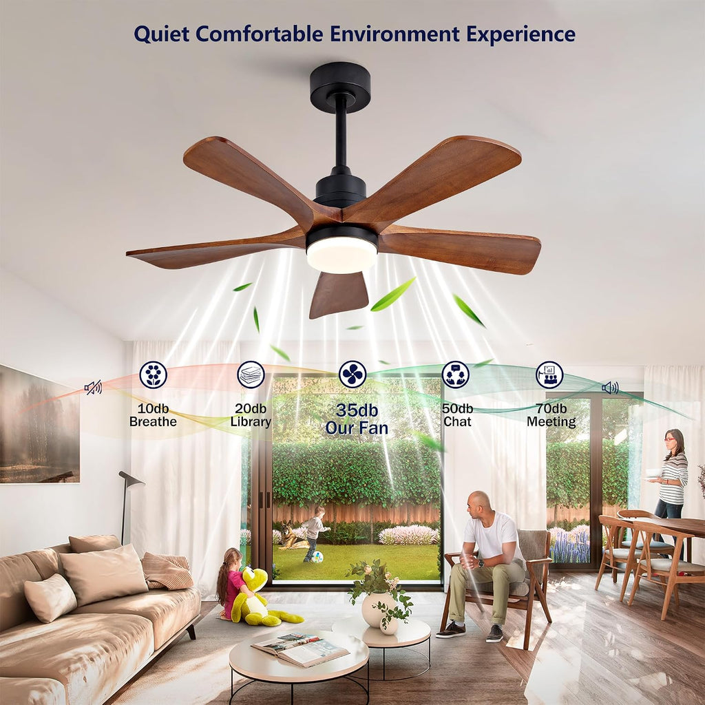 Black Ceiling Fans with Lights and Remote, 42 Inch Outdoor Ceiling Fan for Patios with Light 5 Blades Ceiling Fan Noiseless Reversible DC Motor, Wood Fan for Farmhouse YZ595