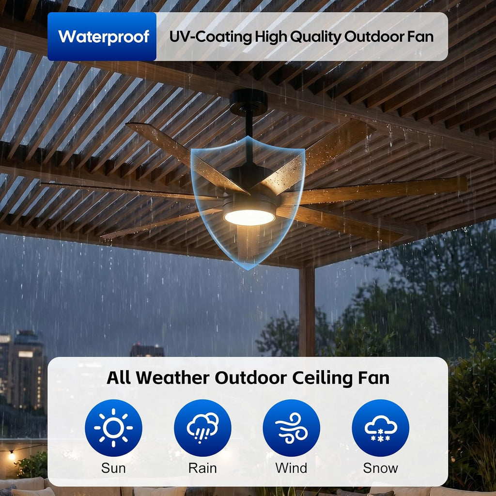 56 Inch Wet Rated Outdoor Ceiling Fan with Light, Waterproof All Weather 7 Brown Blades, Smart App/Voice/Remote Control, High CFM Quiet DC Motor & UV Coating, for Exterior Patios, Gazebo Porch Pergola