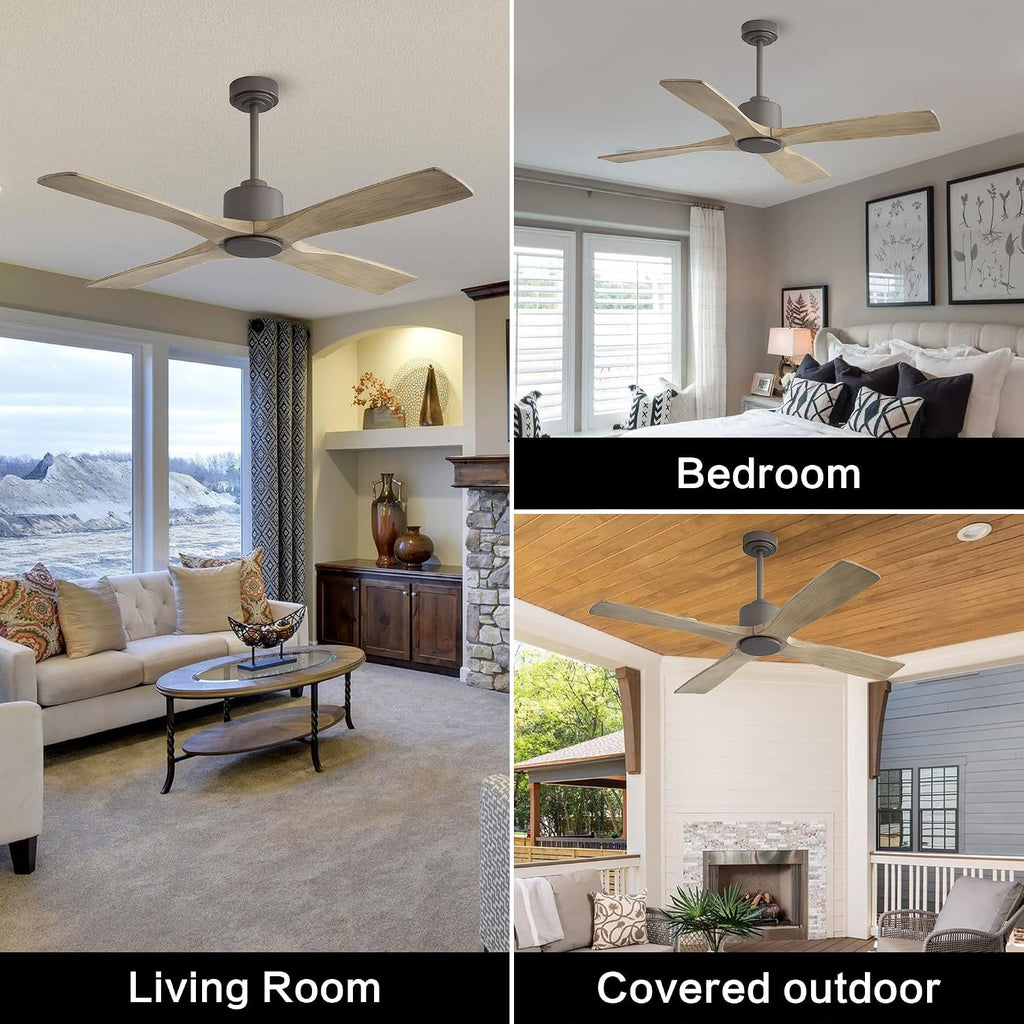 WINGBO 54 Inch DC Ceiling Fan without Lights, 4 Carved Solid Wood Blades, 6-Speed Noiseless Reversible DC Motor, Modern Ceiling Fan No Light with Remote, Graphite Finish with Gray Blades, ETL Listed