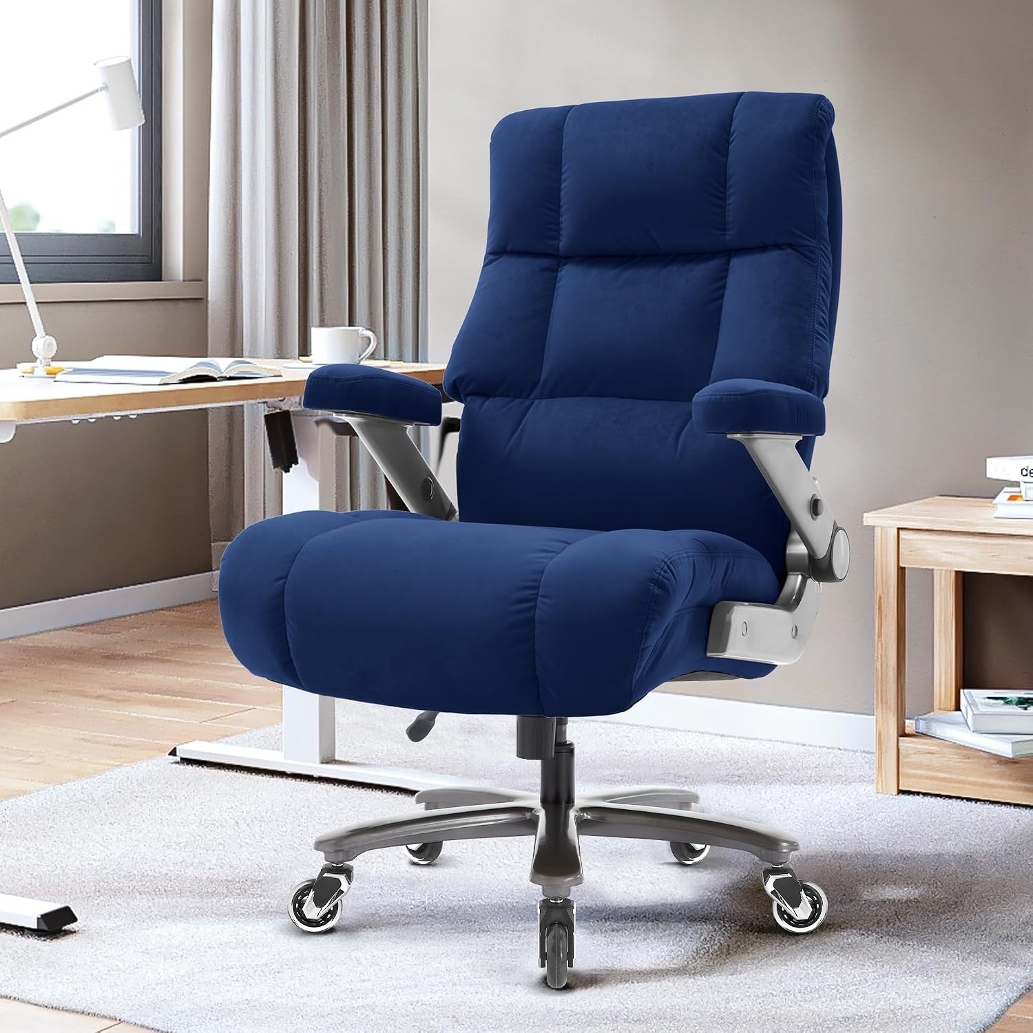 Big and Tall Office Chair 700lbs- Executive Desk Chair with Adjustable Lumbar Support 3D Flip UP Arms- Heavy Duty Quiet Wheels Metal Base Ergonomic Computer Chairs, Blue