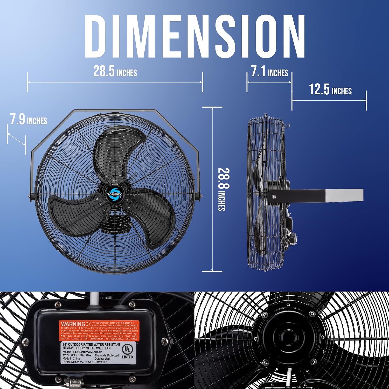 Tornado 24 Inch Outdoor Rated IPX4 Water-Resistant High Velocity Metal Industrial Workstation Wall Mount Fan For Commercial, Industrial, Residential, Greenhouse Use TEAO Motor 3 Speed UL Safety Listed