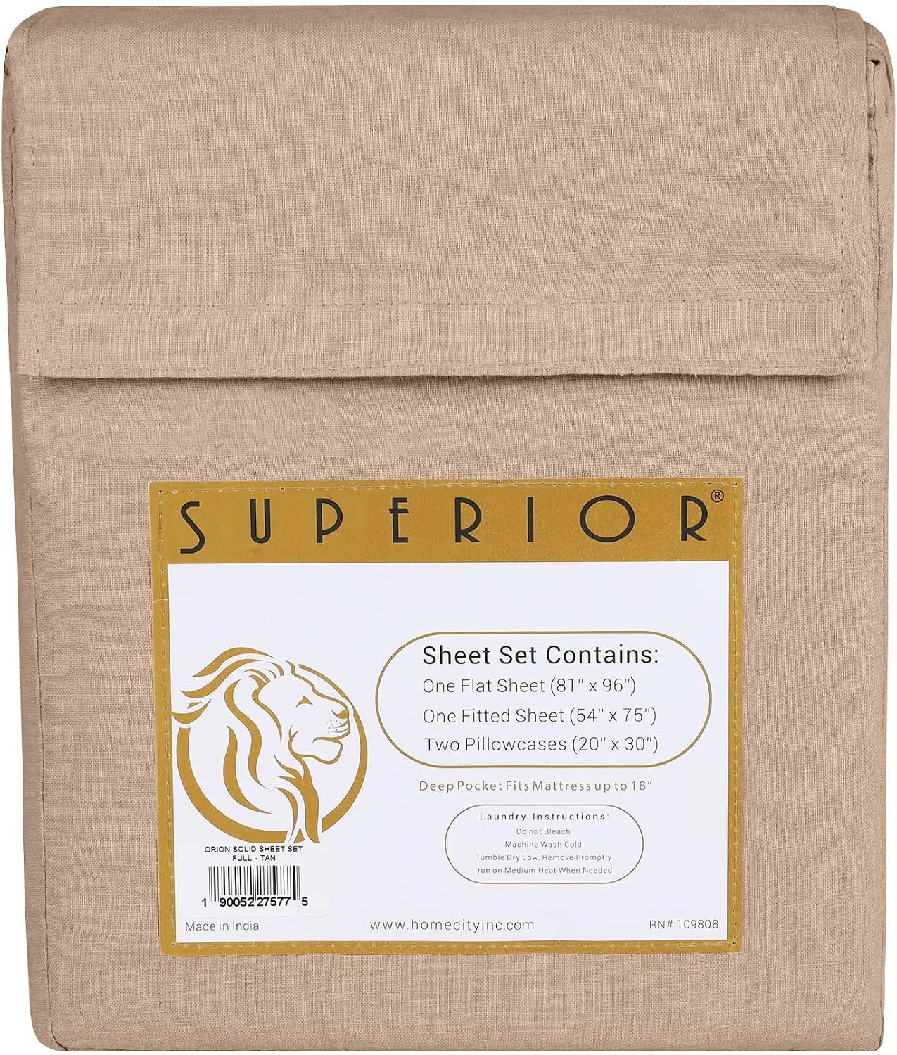 Superior Cotton Linen Blend Sheet Set, Bedsheets for Home Decor, Modern Solid Bedding Includes 1 Oversized Fitted Sheet, 1 Flat Sheet, 2 Pillowcases, Bedroom Essentials, Queen Size, Tan