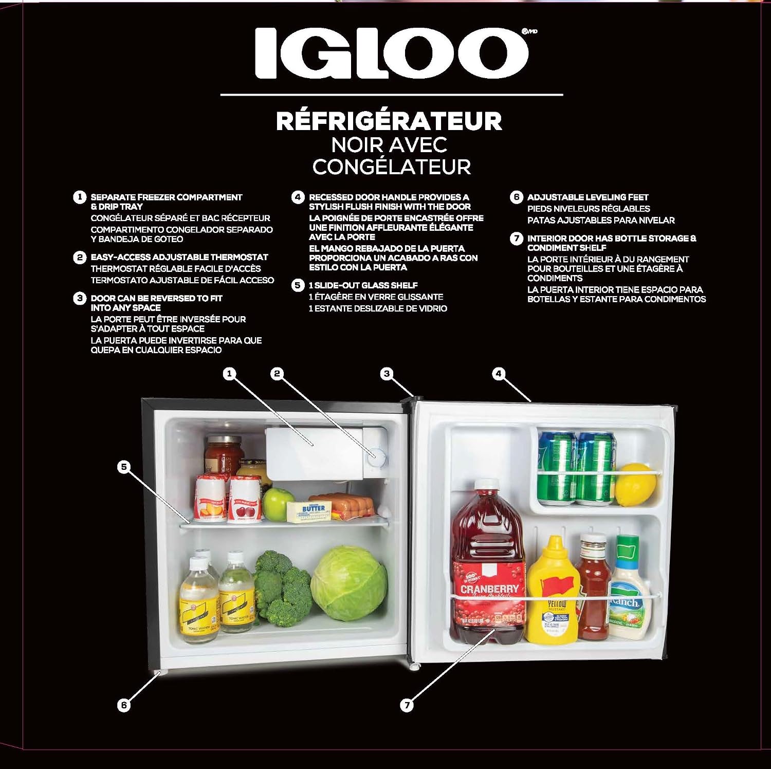 Igloo 1.6 Cu.Ft Mini Fridge with Freezer- Single Door Compact Refrigerator with Glass Shelves for Homes, Dorms & Offices- Keep Snacks, Drinks & Frozen Foods Cool with Temperature Control Fridge- Black