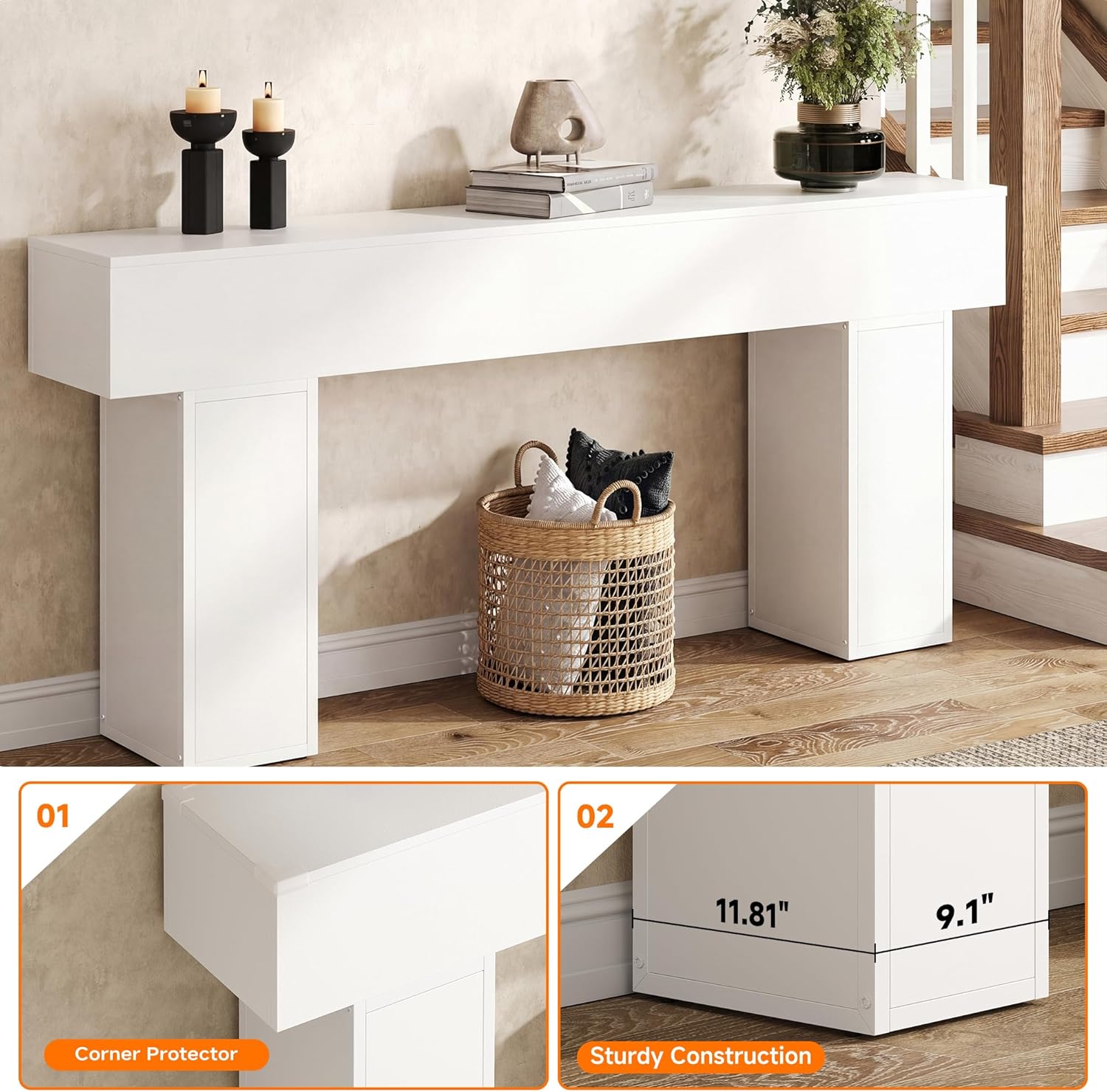 knoworld 70.9-Inch Long Console Table, Wooden Sofa Table Behind Couch Tables, Farmhouse Entryway Table Accent Table for Entrance, Hallway, Living Room, Foyer, White