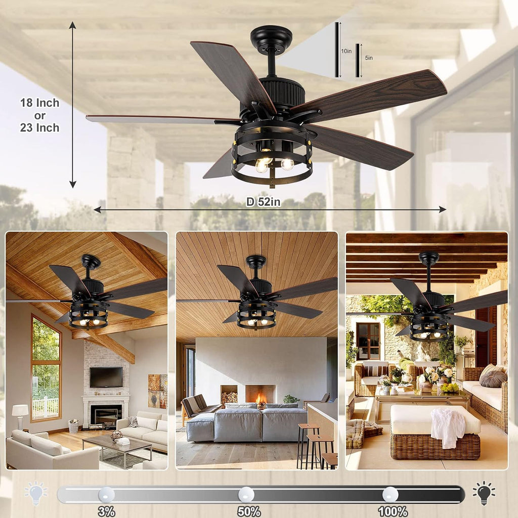52 Inch Ceiling Fan with Light, Farmhouse Ceiling Fan with 5 Wood Dual Finish Blades,DC Motor Ceiling Fan High Airflow,Indoor Outdoor Ceiling Fans for Patios,Living Room(52Inch,Black)