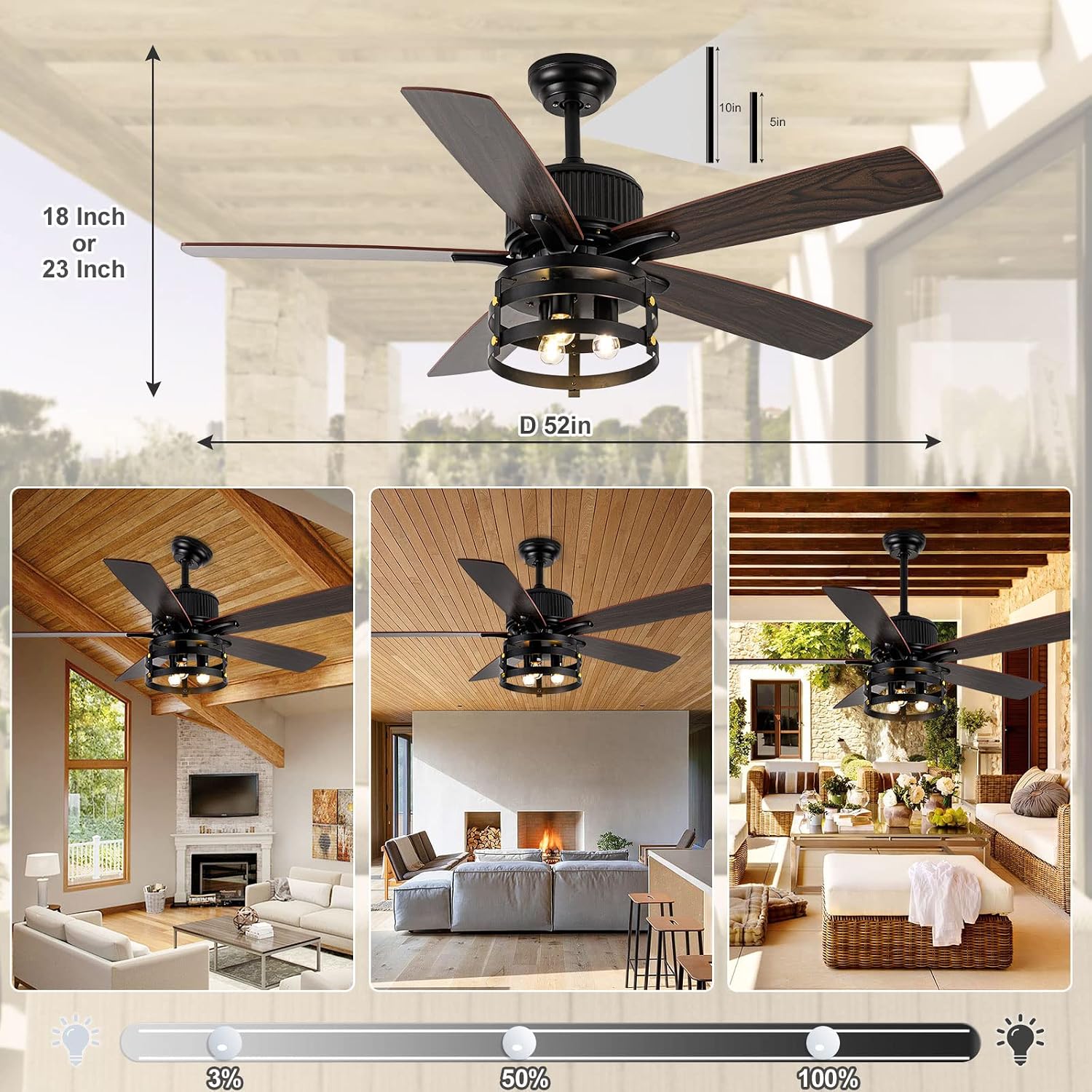 52 Inch Ceiling Fan with Light, Farmhouse Ceiling Fan with 5 Wood Dual Finish Blades,DC Motor Ceiling Fan High Airflow,Indoor Outdoor Ceiling Fans for Patios,Living Room(52Inch,Black)