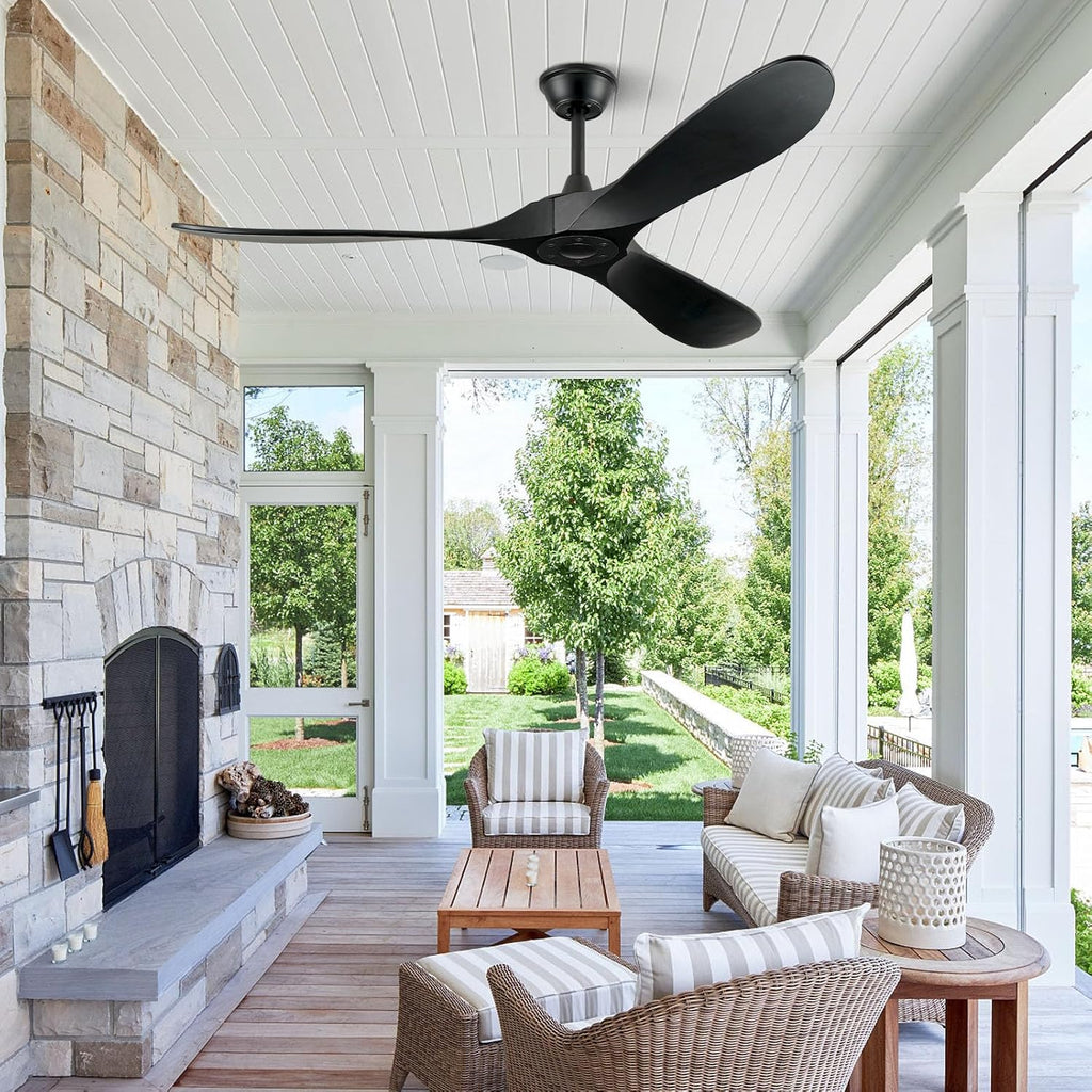 ABZ Ceiling Fans without Lights - 60 Inch Ceiling Fan no Light, Black 3 Blade Solid Wood Indoor Outdoor Ceiling Fan with Remote Control for Patios Living Room Bedroom