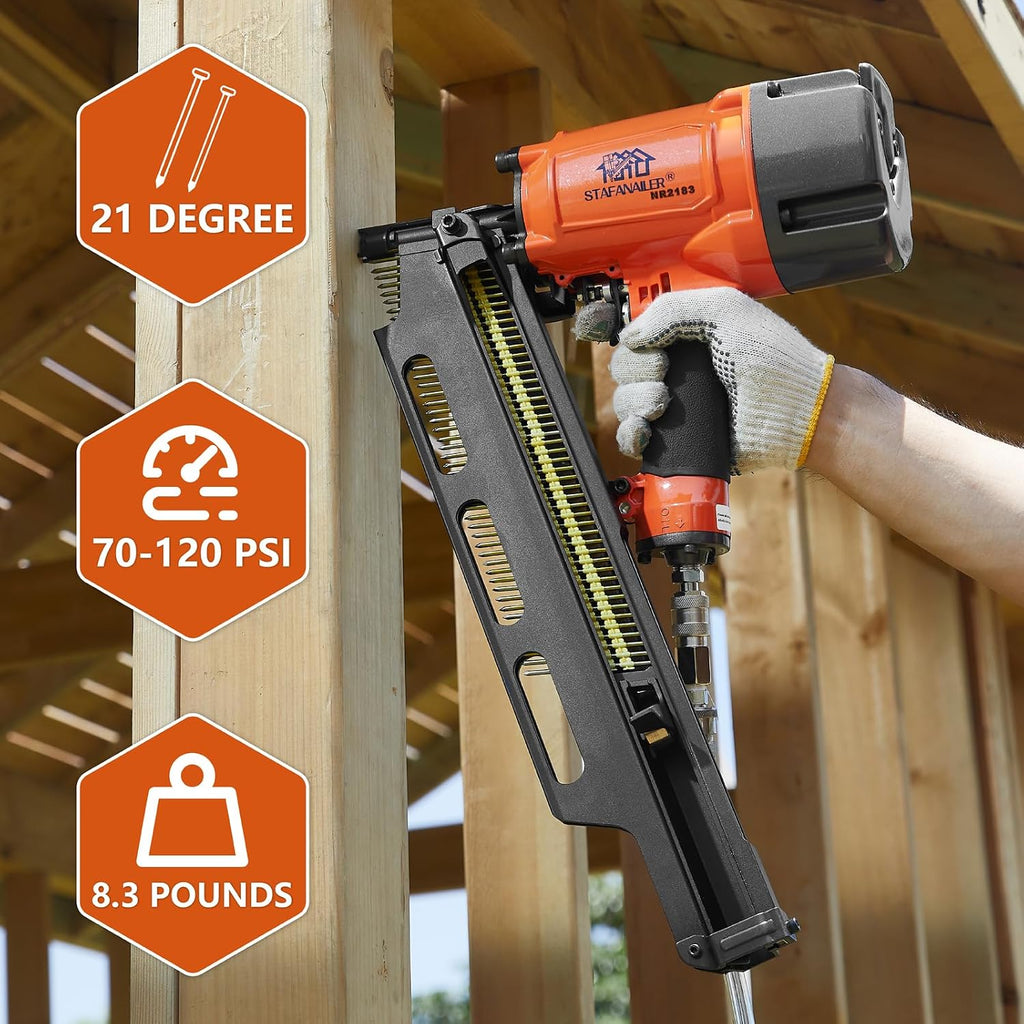 NR2183 High Speed Framing Nailer with Aluminum Magazine, 21 Degree Pneumatic Framing nail gun, 2-Inch up to 3-1/4-Inch Collated Full Head Framing Nails, Framing, Wooden House Building