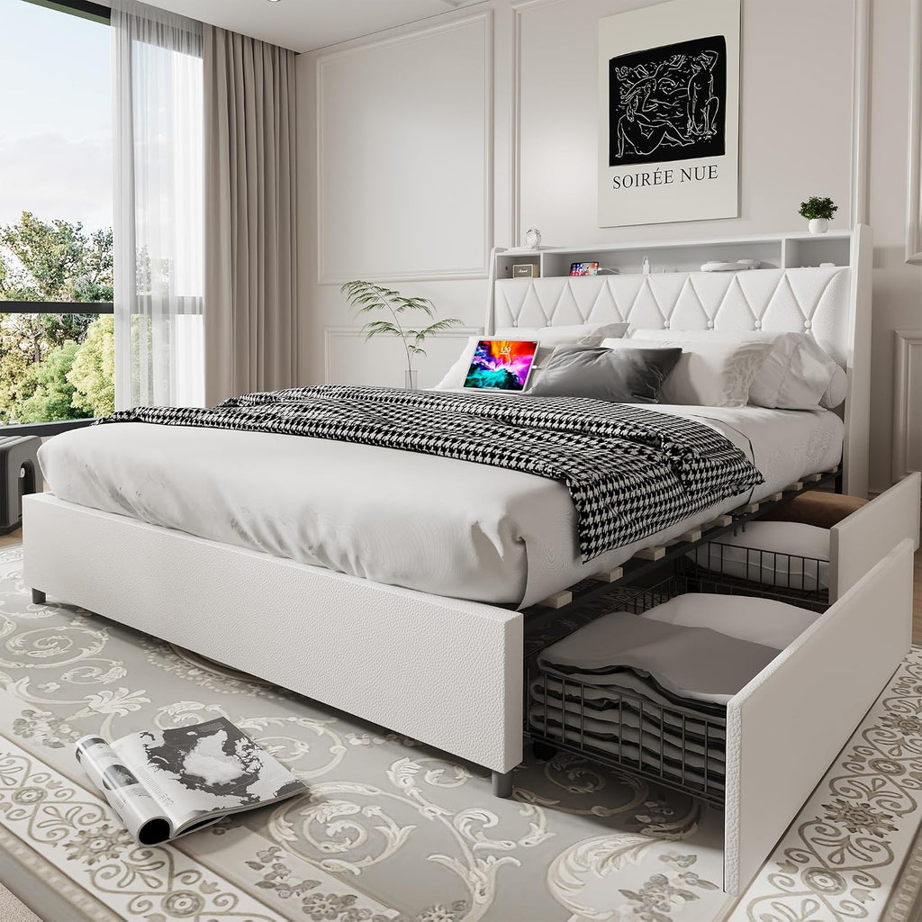 Christopher Knight Home Manley Faux Leather Full Size Bed Frame with Ergonomic Headboard,Platform Bed Frame with Outlets&Charger,Metal&Wood Frame,Storage Shelf, Noise-Free,No Box Spring Needed, White
