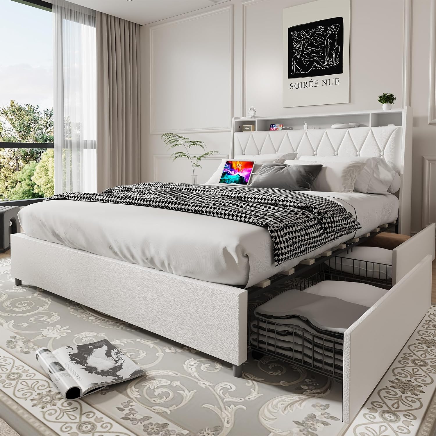 Christopher Knight Home Manley Faux Leather Full Size Bed Frame with Ergonomic Headboard,Platform Bed Frame with Outlets&Charger,Metal&Wood Frame,Storage Shelf, Noise-Free,No Box Spring Needed, White