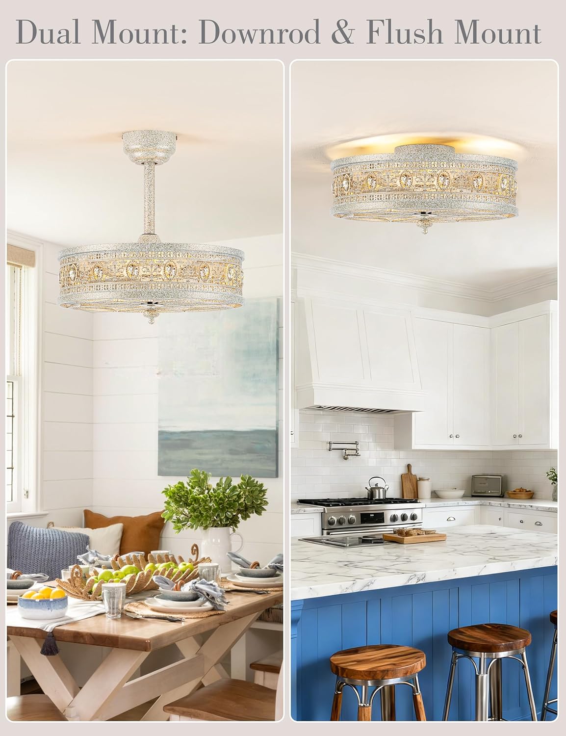 Fandelier Ceiling Fan with Light,French Coastal Ornate Caged Bladeless Chandelier Fan,Elegant Statement Crystal Round Drum Light Fixture,Hanging/Flush Mount for Bedroom,Kitchen,Dining Room,Living Room