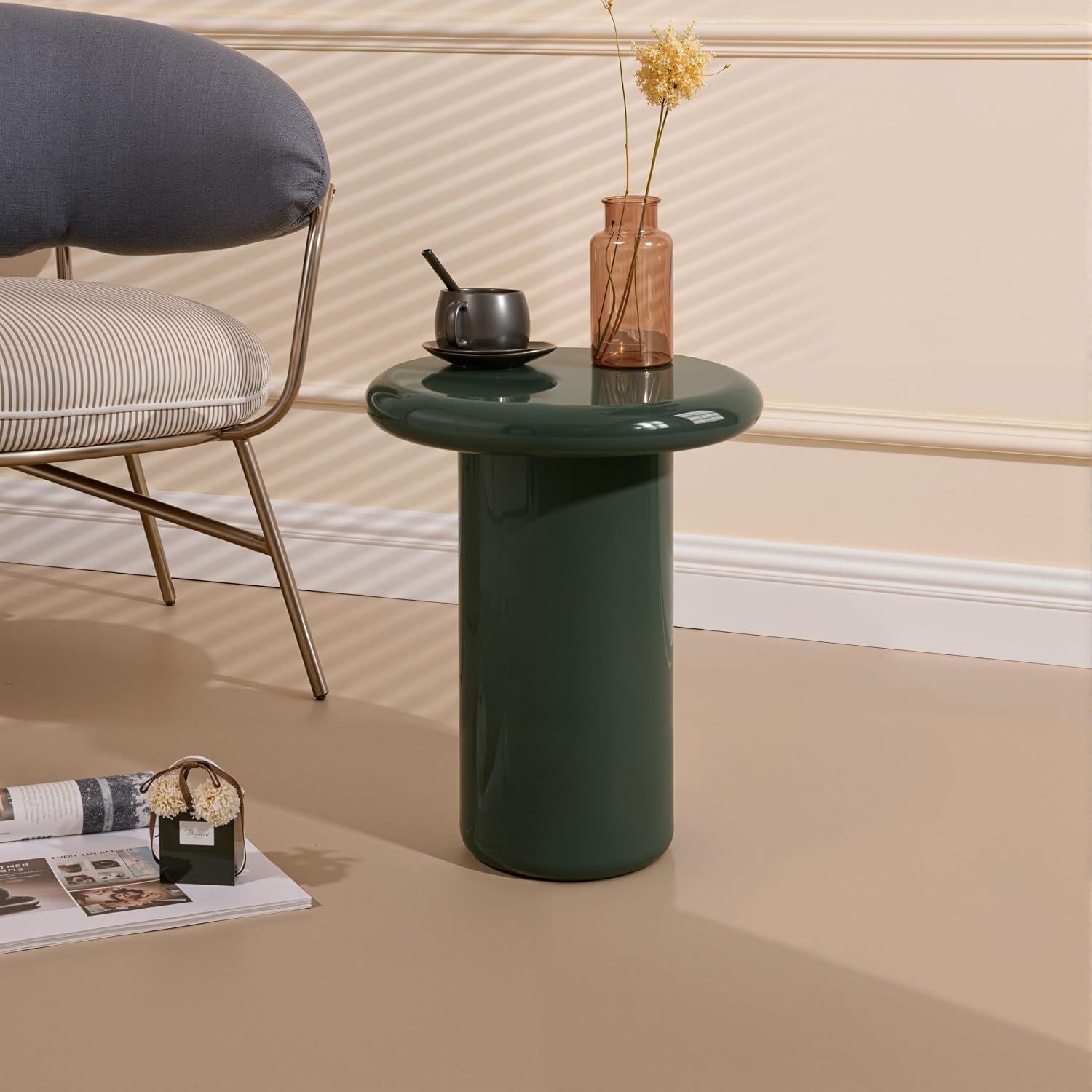 Acanva Modern End Tables with High Glossy Finish, Curved Edges, Accent Center Furniture for Living Room Home Office, Side Table, Olive Green