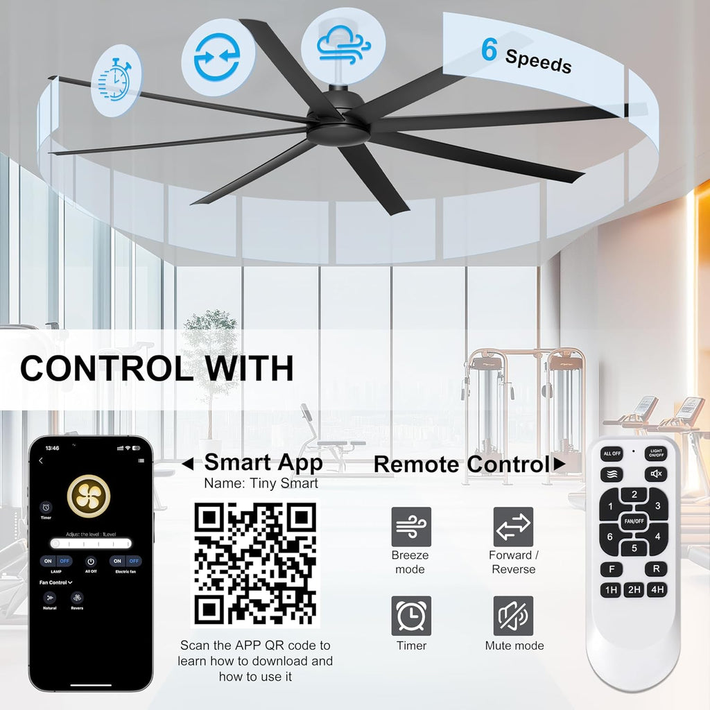 84'' Ceiling Fans No Light - Remote & APP Control, Large Industrial DC Motor Fan for Covered Outdoor Patios, Shop, Garage, Black without Light
