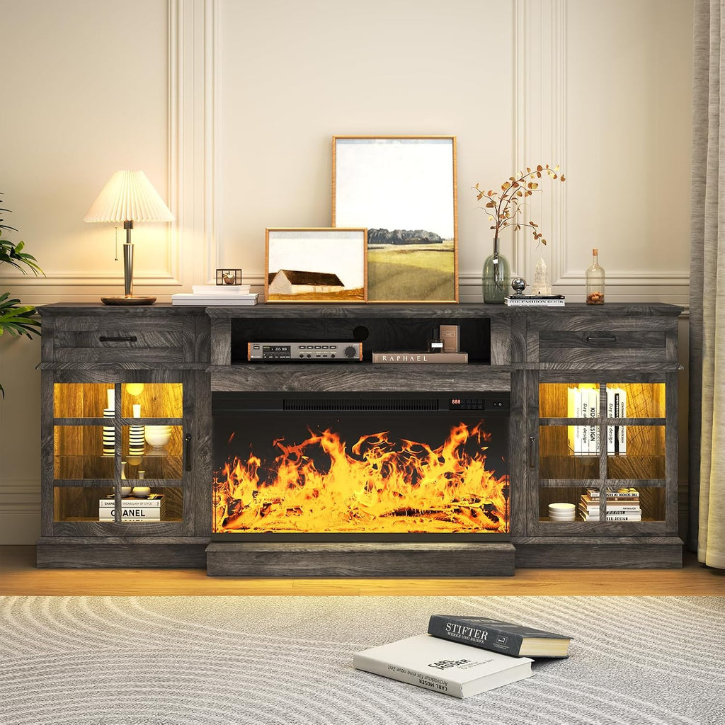 MXV 80' Fireplace TV Stand, 3-Sided Glass Fireplace and Modern Entertainment Center, Wooden Media Console with Glass Doors & Storage Drawers, LED Light, for Living Room, Grey