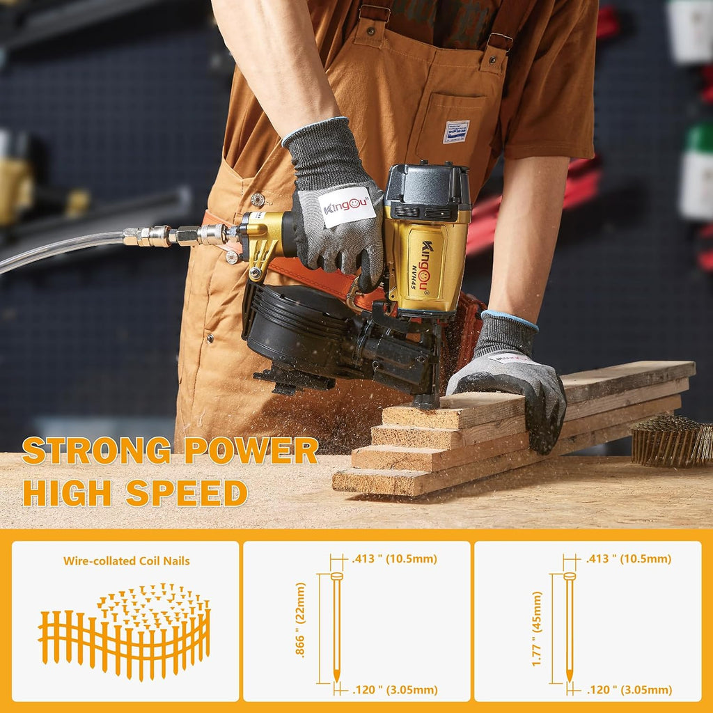 Kingou NVH45 Roofing Nailer Gun For Roofing Constructions Accepts 7/8-Inch to 1-3/4-Inch Nails 15 Degree With 3/8 NPT Air Connector 120-pcs Load Capacity Roofing Nailer