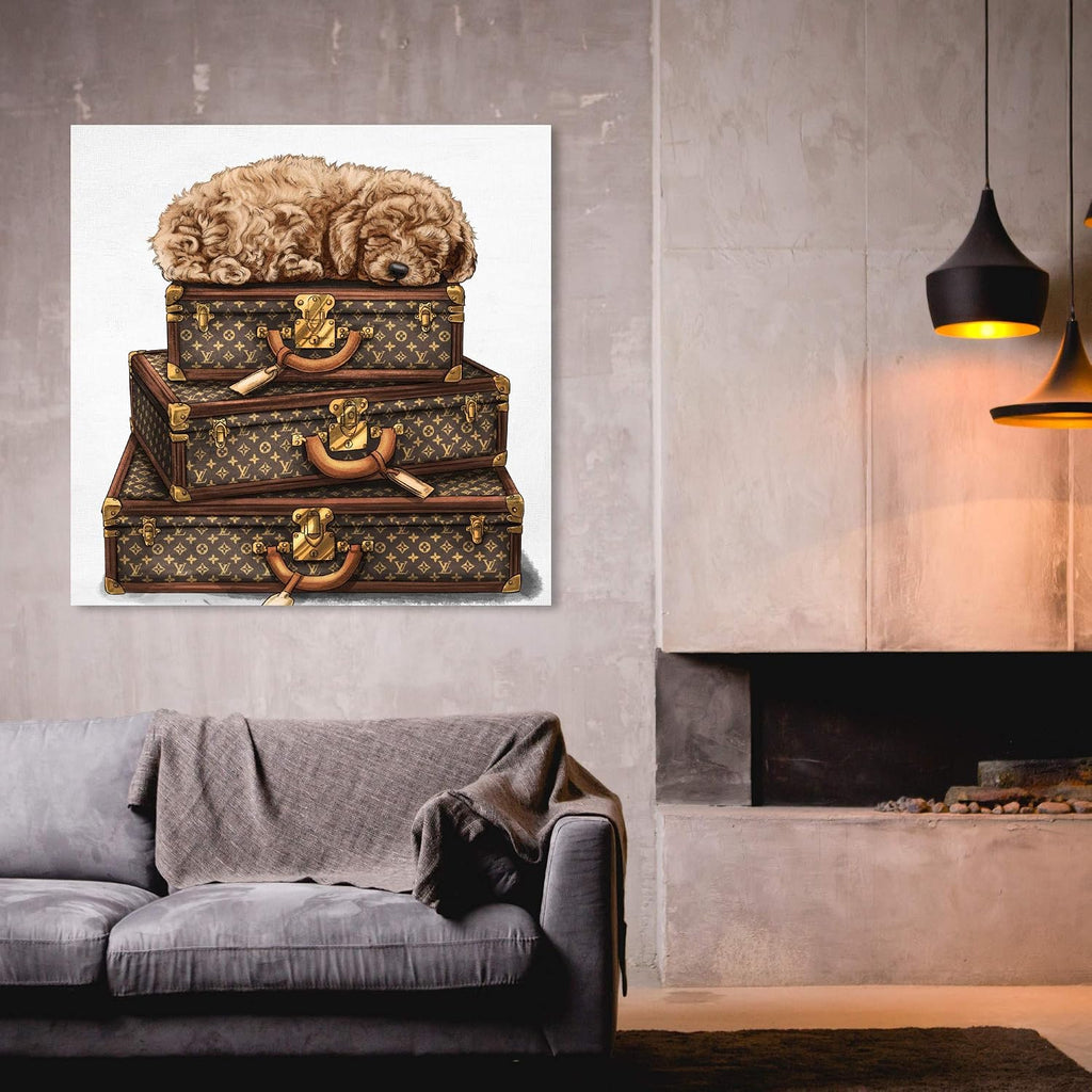 The Oliver Gal Artist Co. Fashion and Glam Wall Art Canvas Prints 'Sleeping Poodle' Travel Essentials Home Décor, 30 in x 30 in, Brown, White
