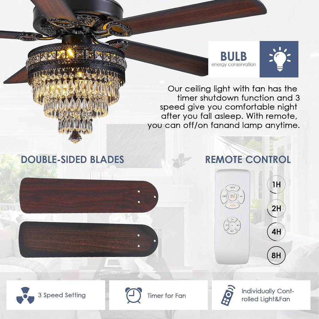 Asyko 50' Crystal Ceiling Fan Fandelier with Lights - Modern Black Chandelier Fans with Remote Control，Noiseless AC Motor, Retro/Farmhouse Lighting, Dining Room，Living Room
