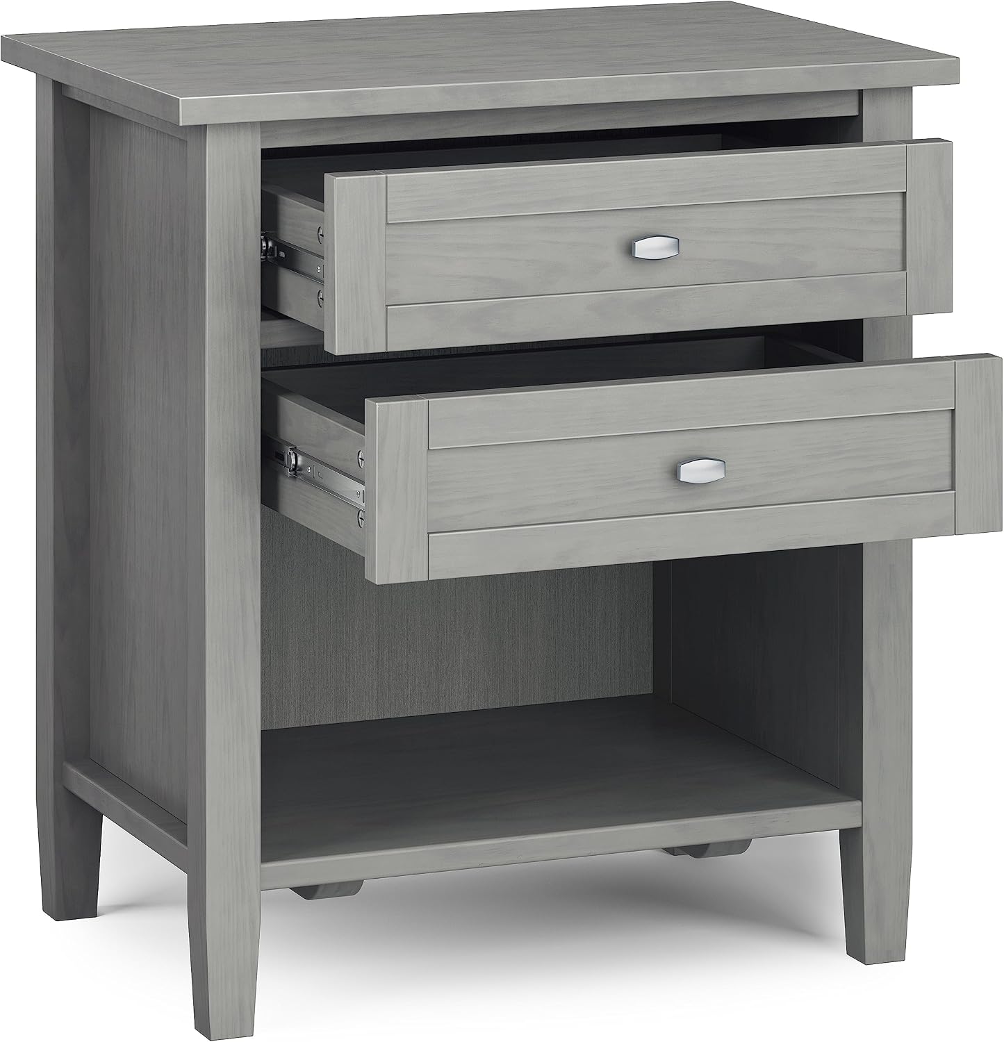 SIMPLIHOME Warm Shaker Bedside Table - 24 inch Wide Solid Wood Nightstand in Fog Grey, Transitional Bedroom Side or End Table with 2 Drawers, Open Shelf Storage and Brushed Nickel Hardware