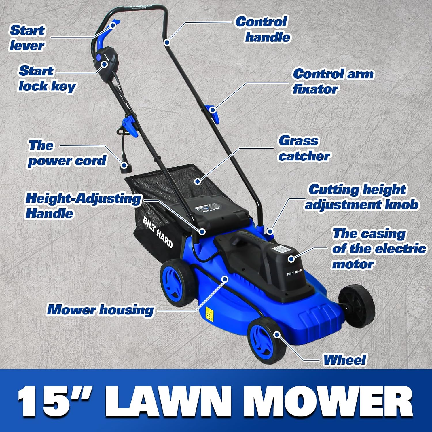 BILT HARD 15' Corded Electric Lawn Mower, 11A Motor 3300RPM Push Mower with 35L Grass Bag, 5 Height Adjustments (1'-3'), Lightweight & Foldable Handle for Small Yards