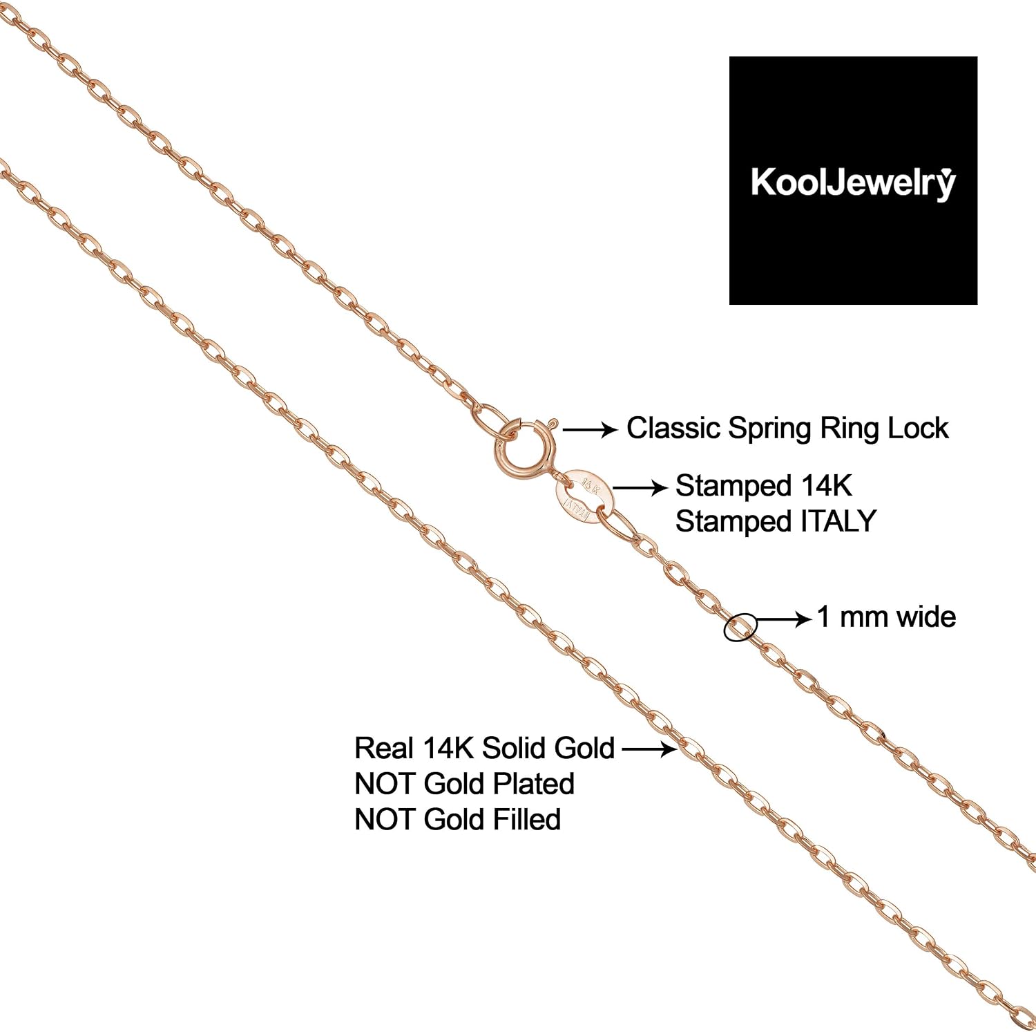 Kooljewelry 14k Rose Gold Diamond-cut Cable Chain Necklace (1 mm)