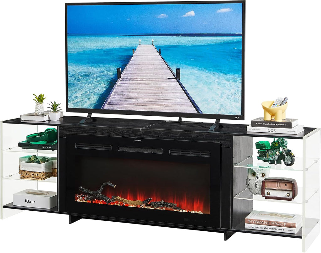 VECELO Fireplace TV Stand for Televisions up to 75' with 3D Flame/13 Colors, Modern Media Entertainment Center Console Table with LED Lights, 3 Tier Transparent Storage Shelves, for Living Room, Black