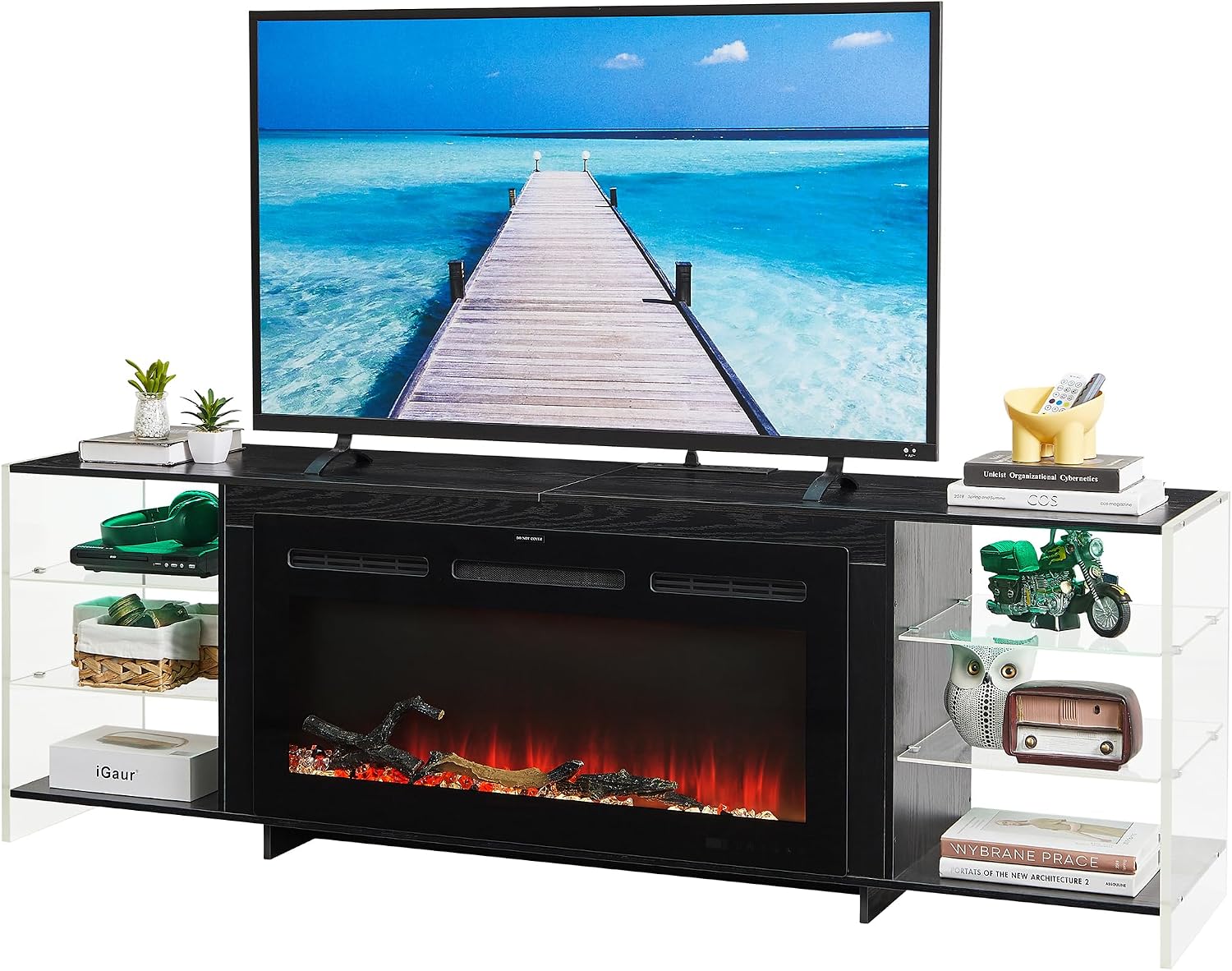 VECELO Fireplace TV Stand for Televisions up to 75' with 3D Flame/13 Colors, Modern Media Entertainment Center Console Table with LED Lights, 3 Tier Transparent Storage Shelves, for Living Room, Black