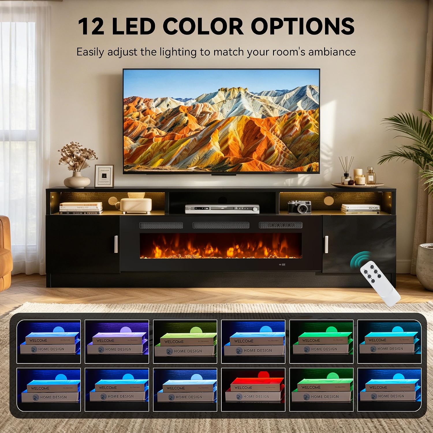 80' Fireplace TV Stand with Power Outlet, Electric Fireplace Entertainment Center with Storage Cabinets, Fits TVs up to 90', TV Console with LED Lights for Living Room, Office, Black-Black