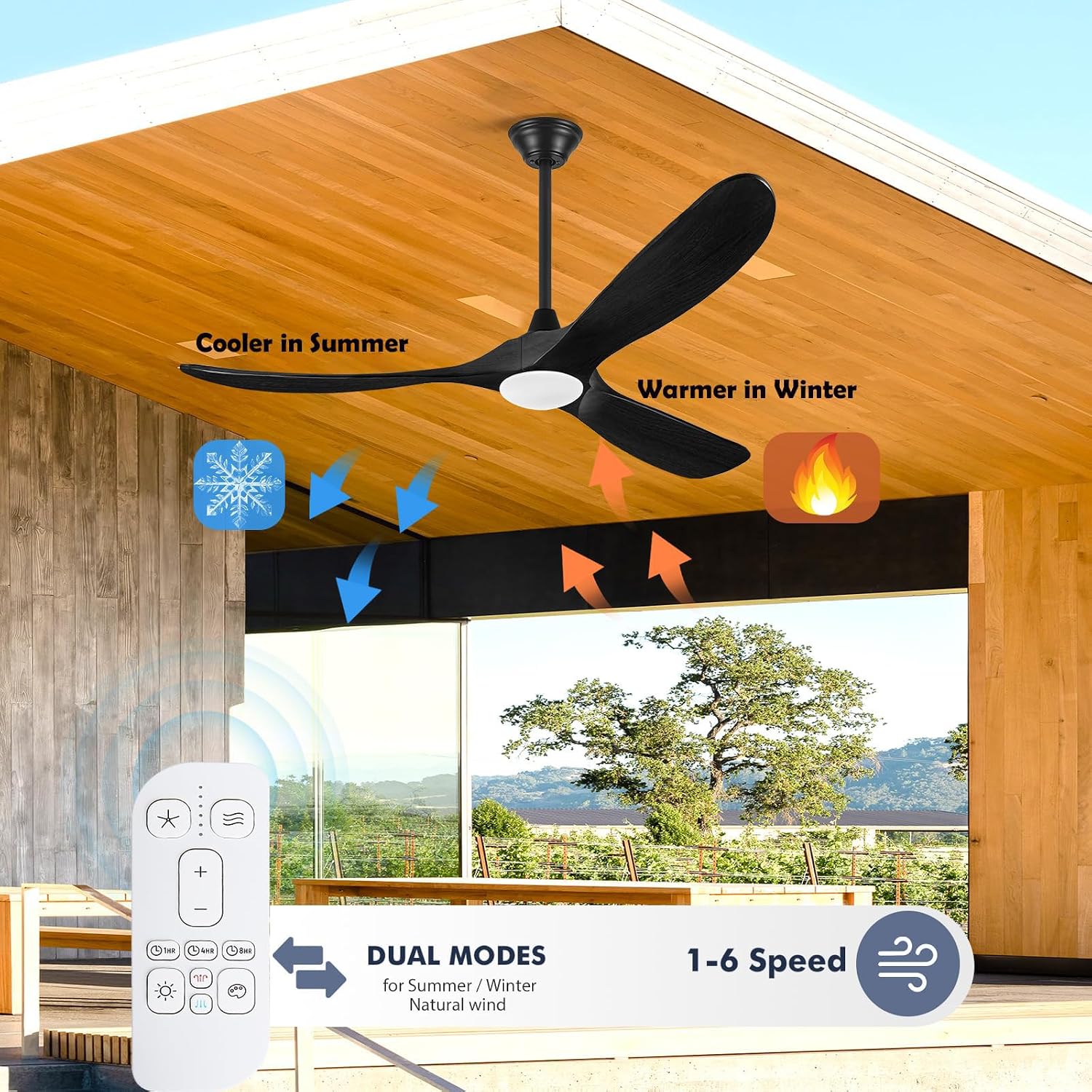 52 Inch Black Outdoor Ceiling Fans for Patios with Light, Modern Solid Wood Propeller Ceiling Fan with Remote, Energy Efficient Reversible Quiet Dc Motor for Bedroom Living Room Exterior