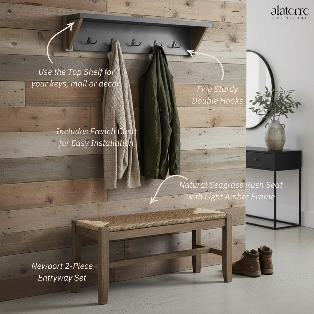Alaterre Furniture Newport 40' Coat Hook with Shelf and Rush Bench Set