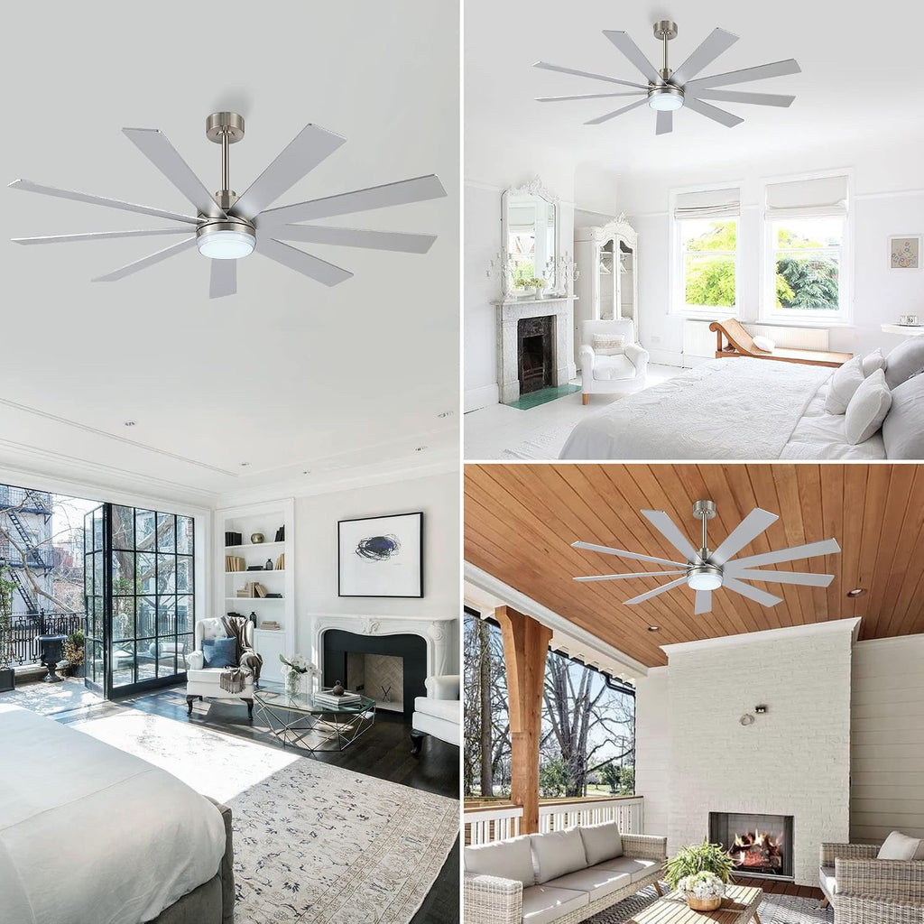 LEDLUX 64' Ceiling Fan with Light Silver, 6-Speed Remote Control, Reversible DC Motor, Modern 9 Blades with 4.5'/12' Downrods for Home or Commercial, Living Room/Restaurant