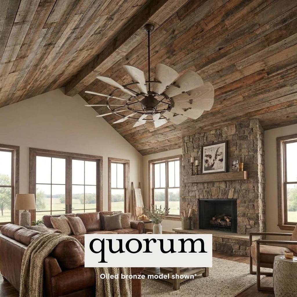Quorum 195210-69 Windmill 52 Inch Ceiling Fan | 10 Blade Wagon Wheel Design | 6 Speed Reversible DC Motor | Remote Control Included | Damp Rated Fan | Weathered Oak Blades | Textured Black Finish